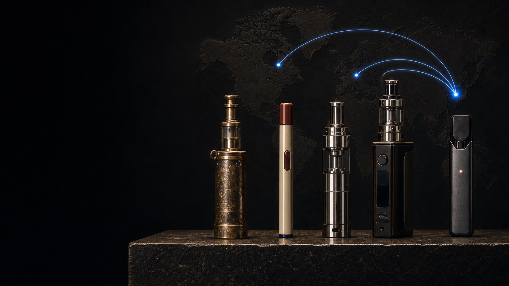 Interpretive lineup of vapor-device ancestors against a global map