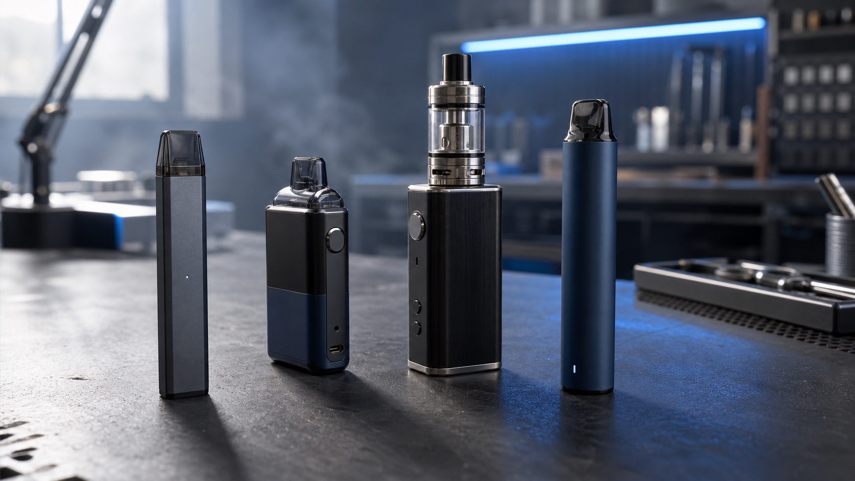 A contemporary range of vape-device formats in an industrial design studio