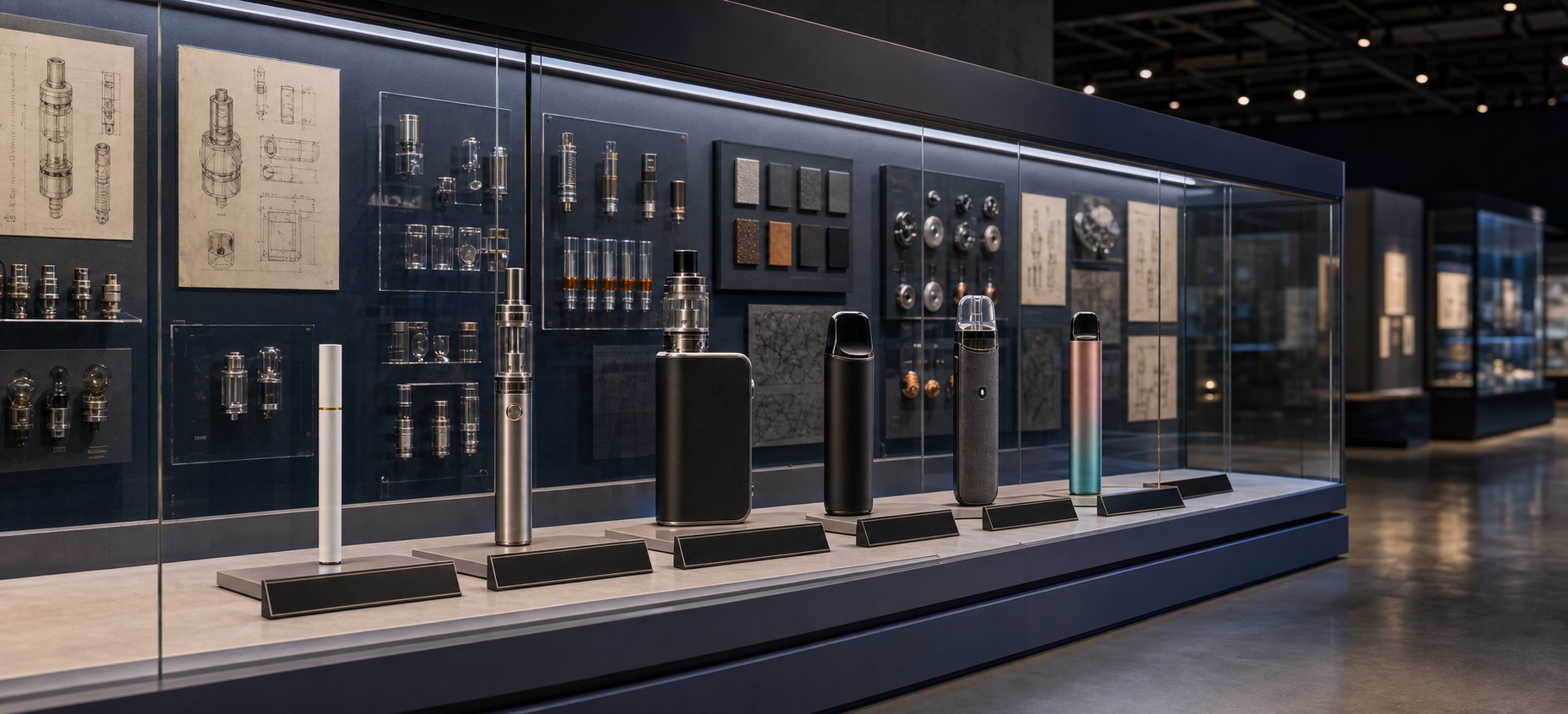 A museum display case tracing vape products from early cigalikes to modern pod systems