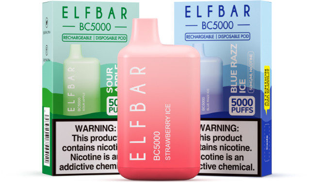Elf Bar BC5000 disposable vape device and packaging showing the 5000-puff brand claim