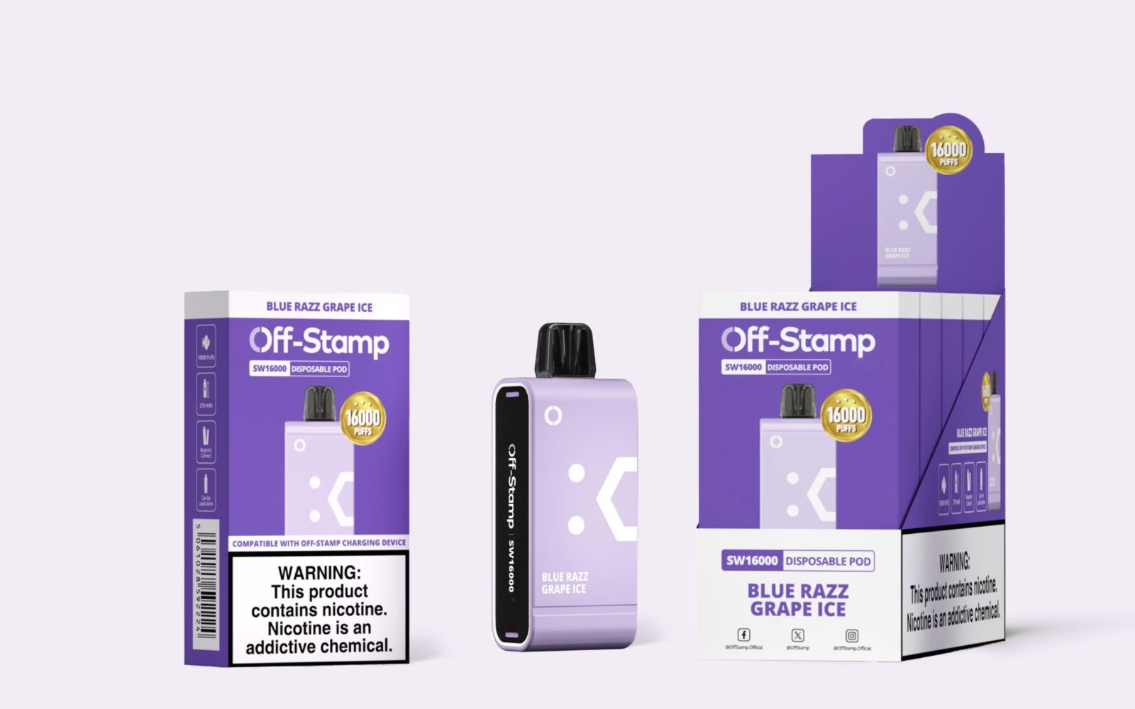 Off-Stamp SW16000 disposable pod and packaging showing the 16000-puff brand claim