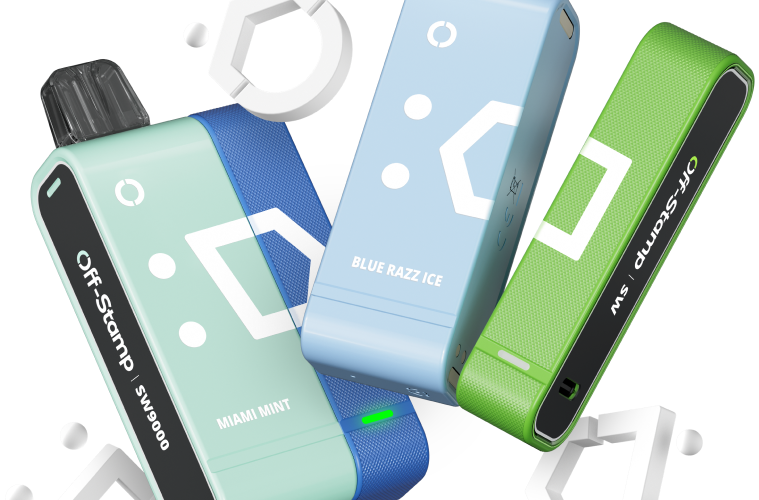 Official Off-Stamp SW9000 product render showing the modular disposable pod and charging dock