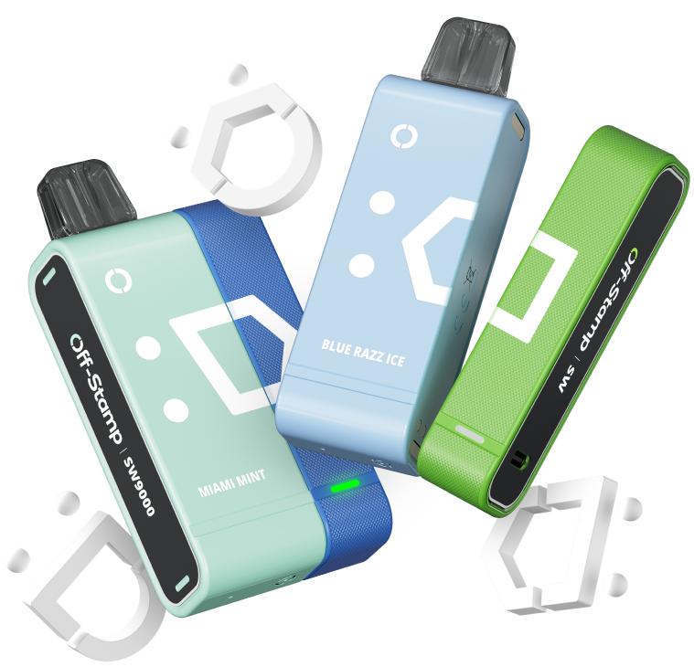 Official Off-Stamp SW9000 product render showing the modular disposable pod and charging dock