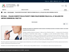 AGCM official page announcing a fine over smoke-free product claims by Philip Morris Italia