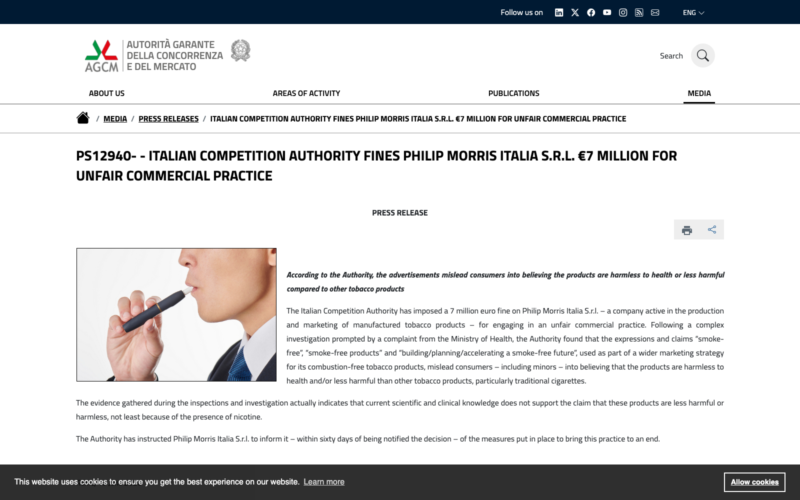 AGCM official page announcing a fine over smoke-free product claims by Philip Morris Italia
