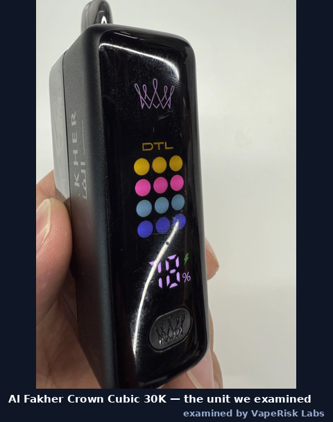 Al Fakher Crown Cubic 30K held in hand with its screen lit
