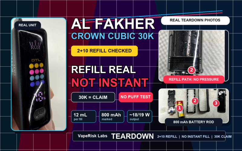 Al Fakher Crown Cubic 30K dark teardown cover showing refill real not instant claim check