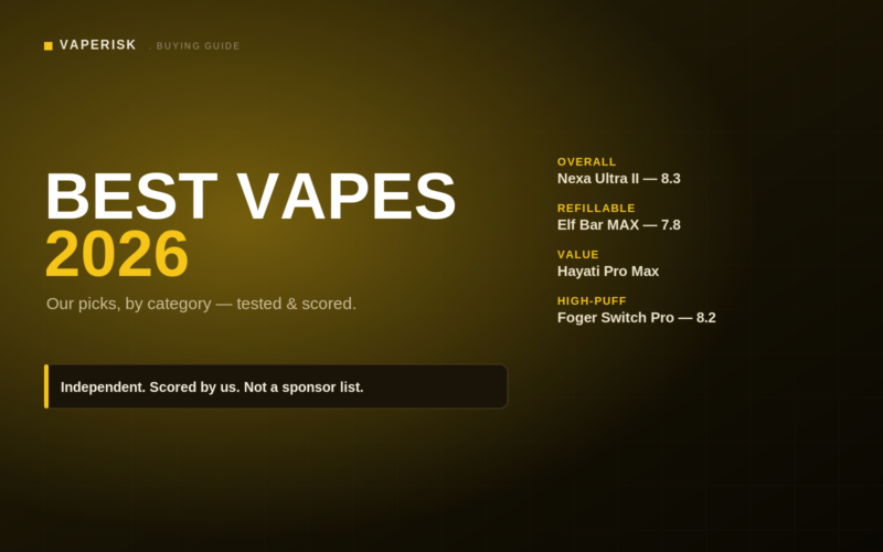 VapeRisk best vapes 2026 guide cover showing scored product category cards