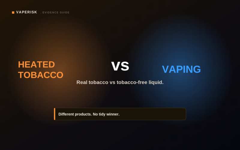 VapeRisk comparison cover showing heated tobacco versus vaping in orange and blue