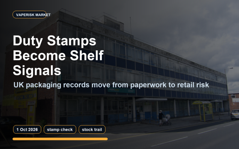 VapeRisk market cover showing UK retail and duty-stamp compliance theme for vape packaging checks