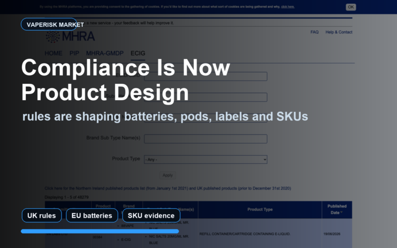 VapeRisk market cover showing MHRA product listing page behind a headline about vape compliance as product design