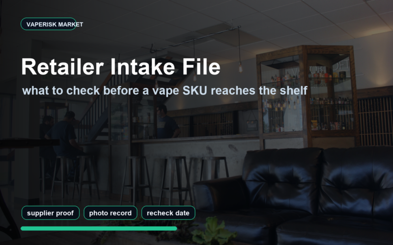 VapeRisk market cover showing a vape retail interior with headline about retailer intake files for new SKUs