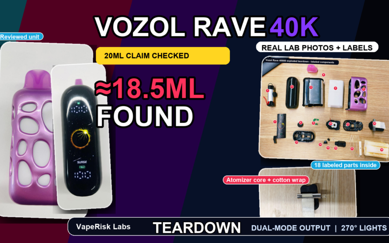 Vozol Rave 40000 teardown cover with reviewed unit photos and labeled lab components