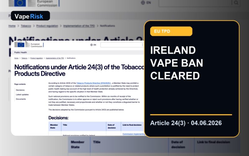 European Commission Article 24 notifications page listing Ireland decision on electronic cigarettes