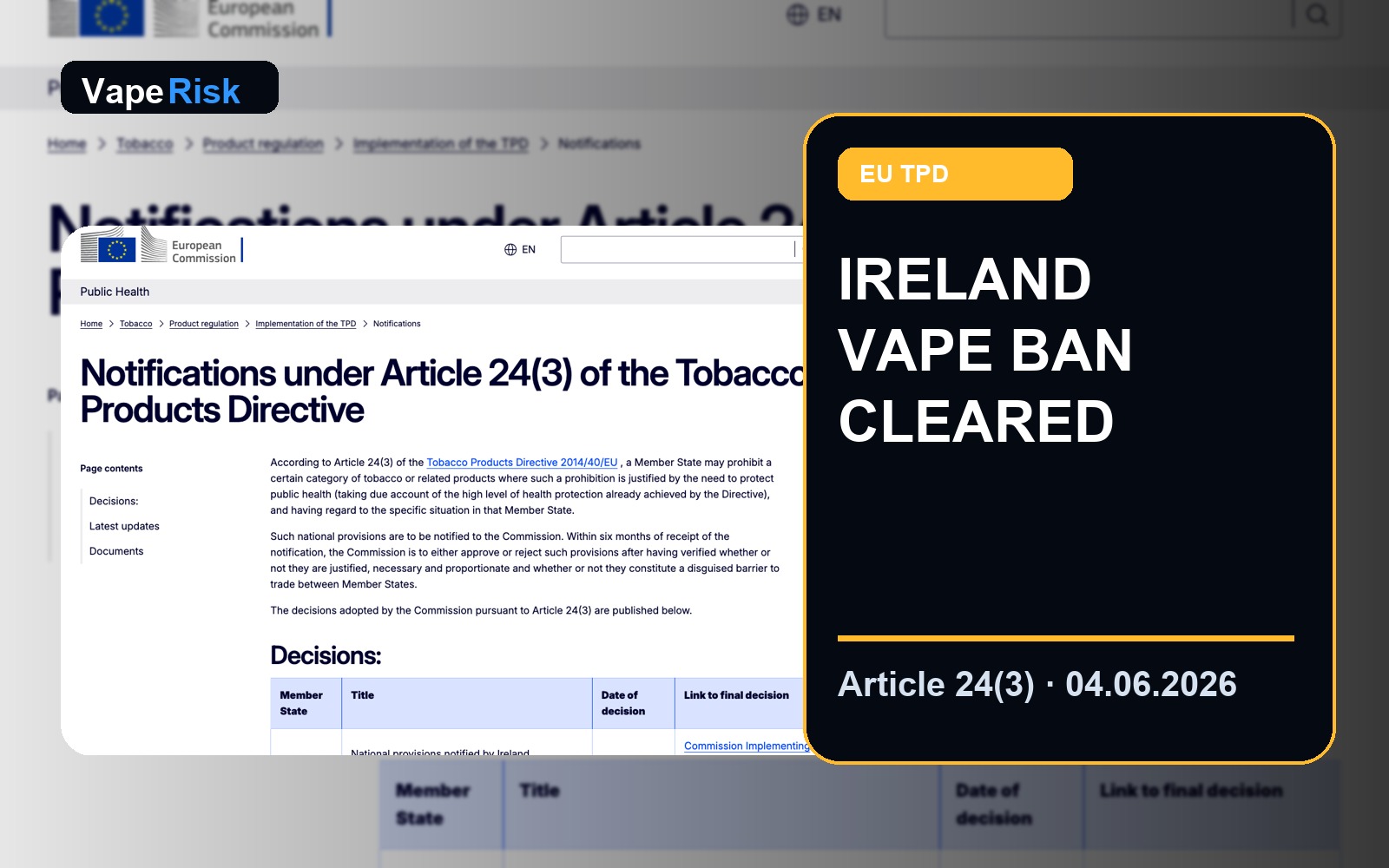 European Commission Article 24 notifications page listing Ireland decision on electronic cigarettes