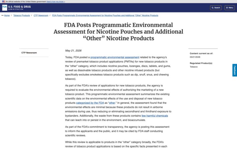 FDA page for programmatic environmental assessment of nicotine pouches and other nicotine products