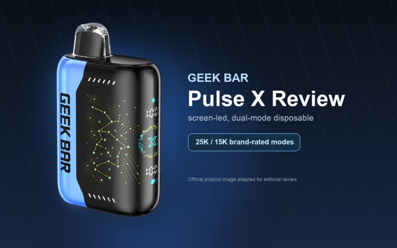 Geek Bar Pulse X disposable vape with complete product image and 25K/15K mode claim