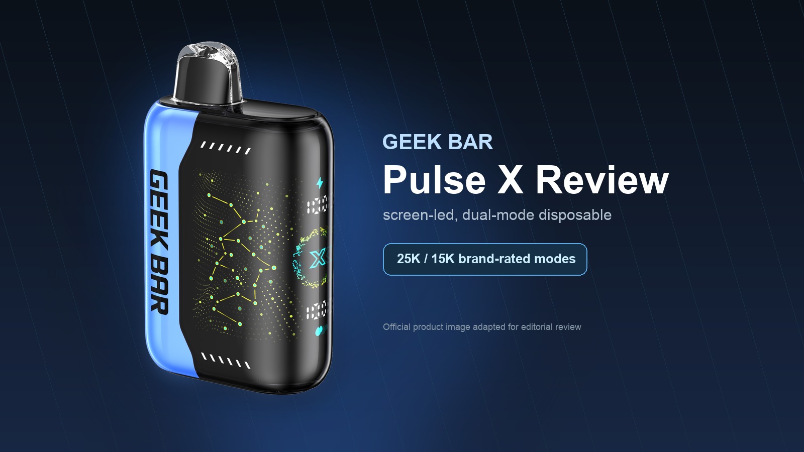 Geek Bar Pulse X disposable vape with complete product image and 25K/15K mode claim