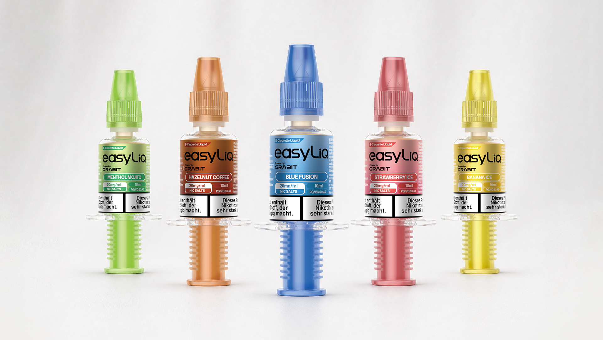 GRABIT easyLiQ flavor lineup with multiple 10ml e-liquid bottles