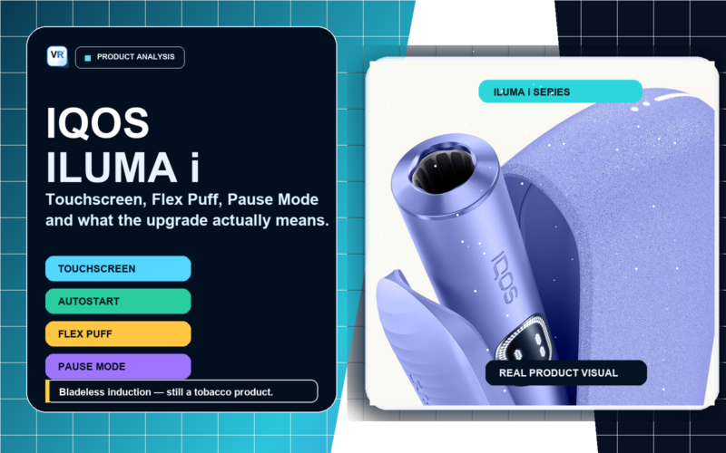 IQOS ILUMA i product analysis cover with device visual, touchscreen, autostart, Flex Puff and Pause Mode labels