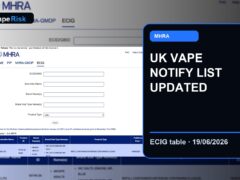 MHRA ECIG published products table showing 19 June 2026 vape notification entries