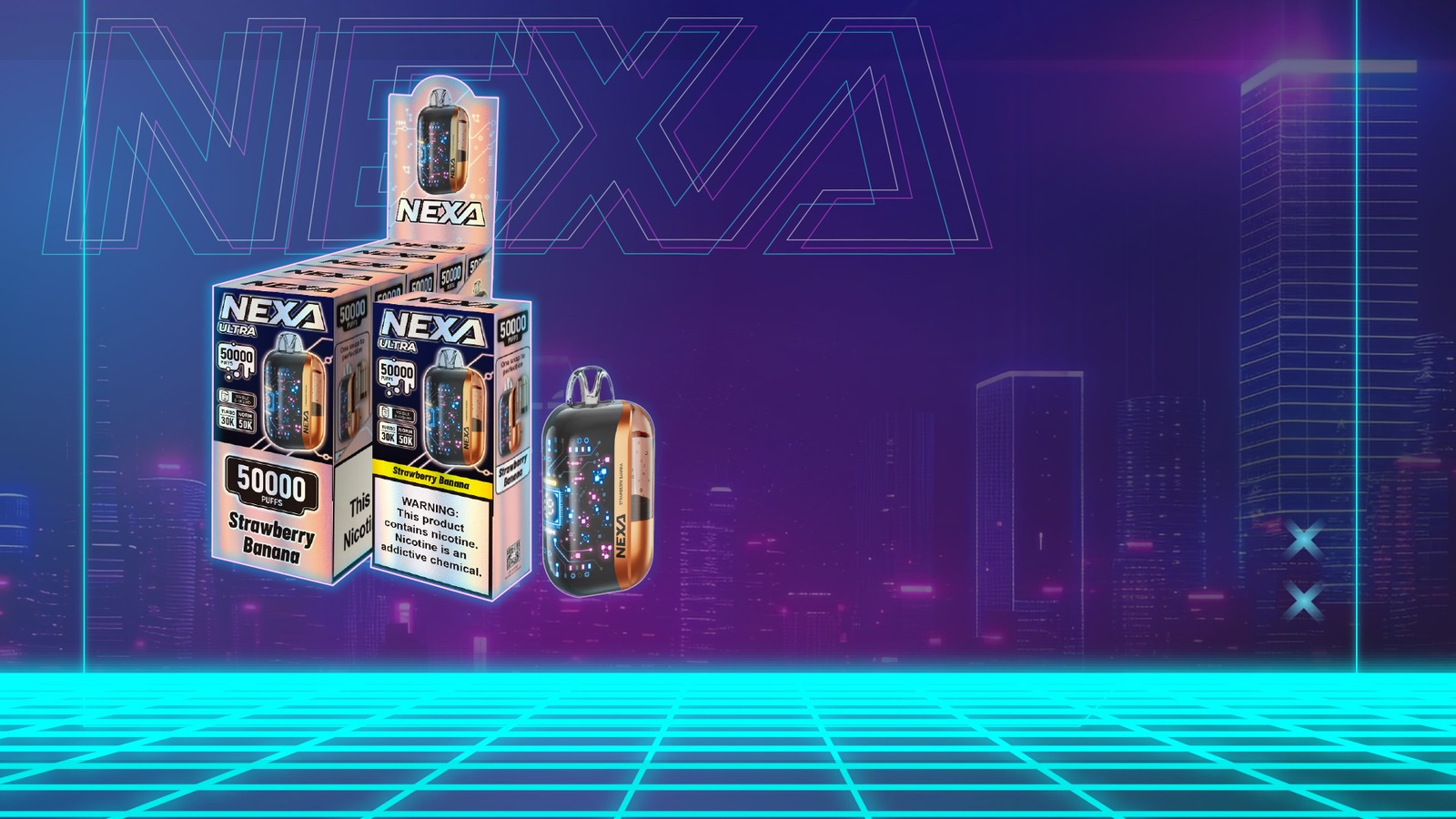 Original Nexa Ultra 50000 two-part disposable vape with visible tank and curved screen
