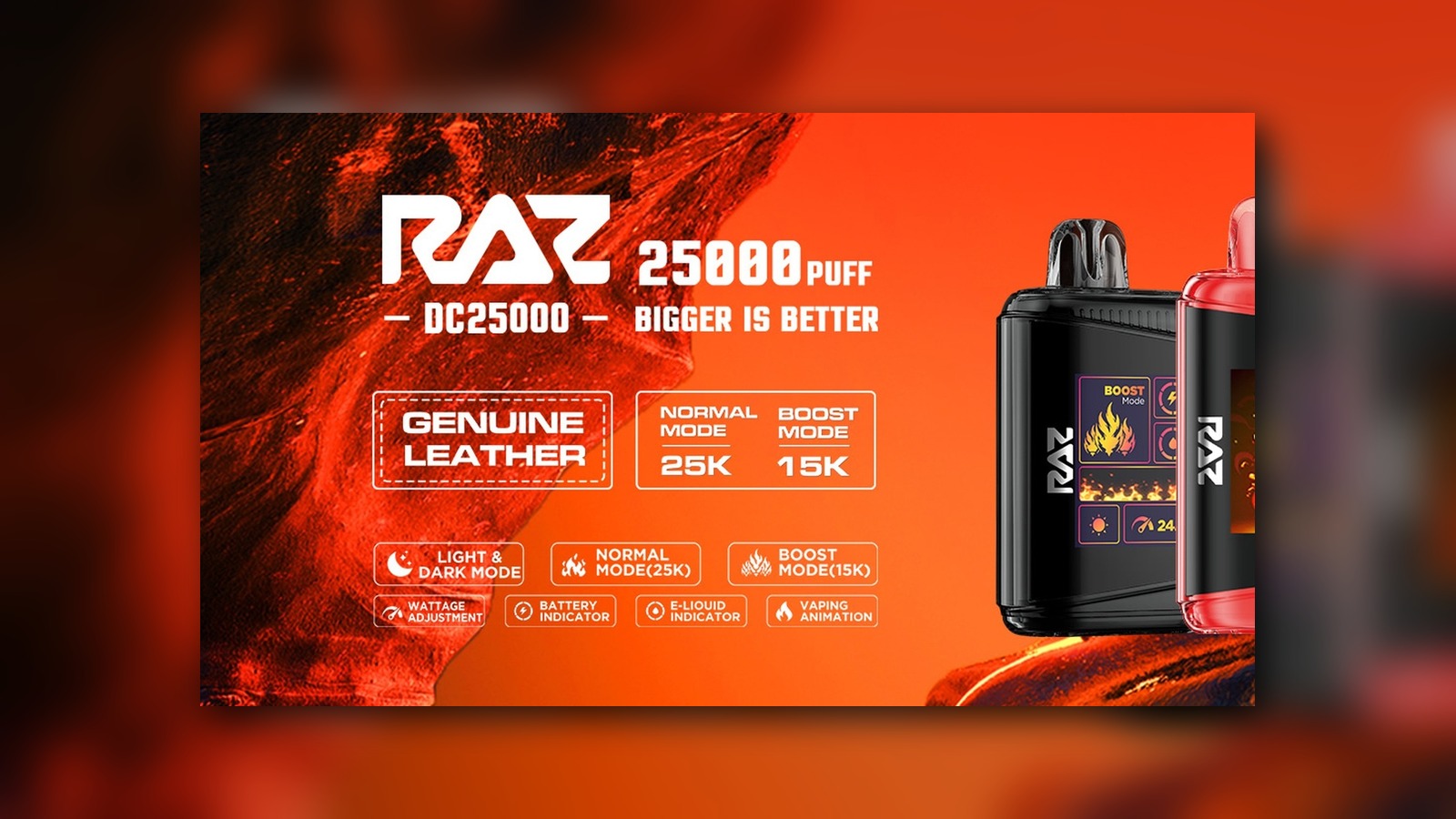 RAZ DC25000 LTX 25K disposable vape with 25000 puff claim and Normal / Boost mode callout