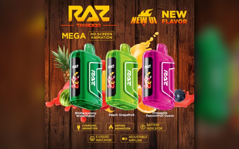 RAZ TN9000 disposable vape product card with screen animation and airflow callouts