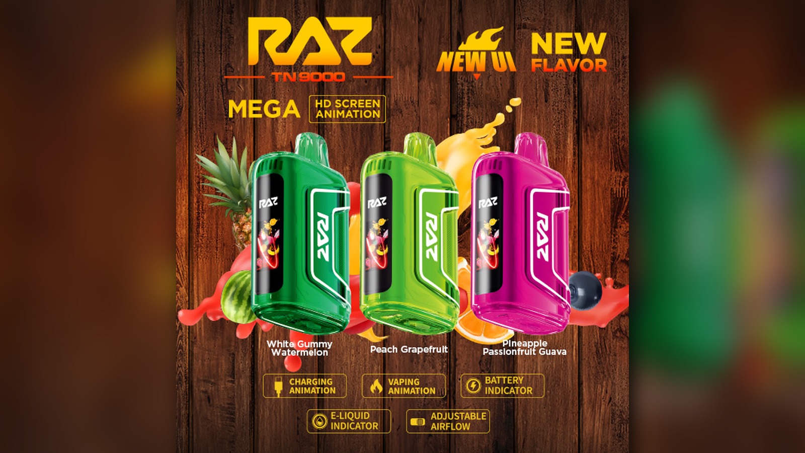 RAZ TN9000 disposable vape product card with screen animation and airflow callouts