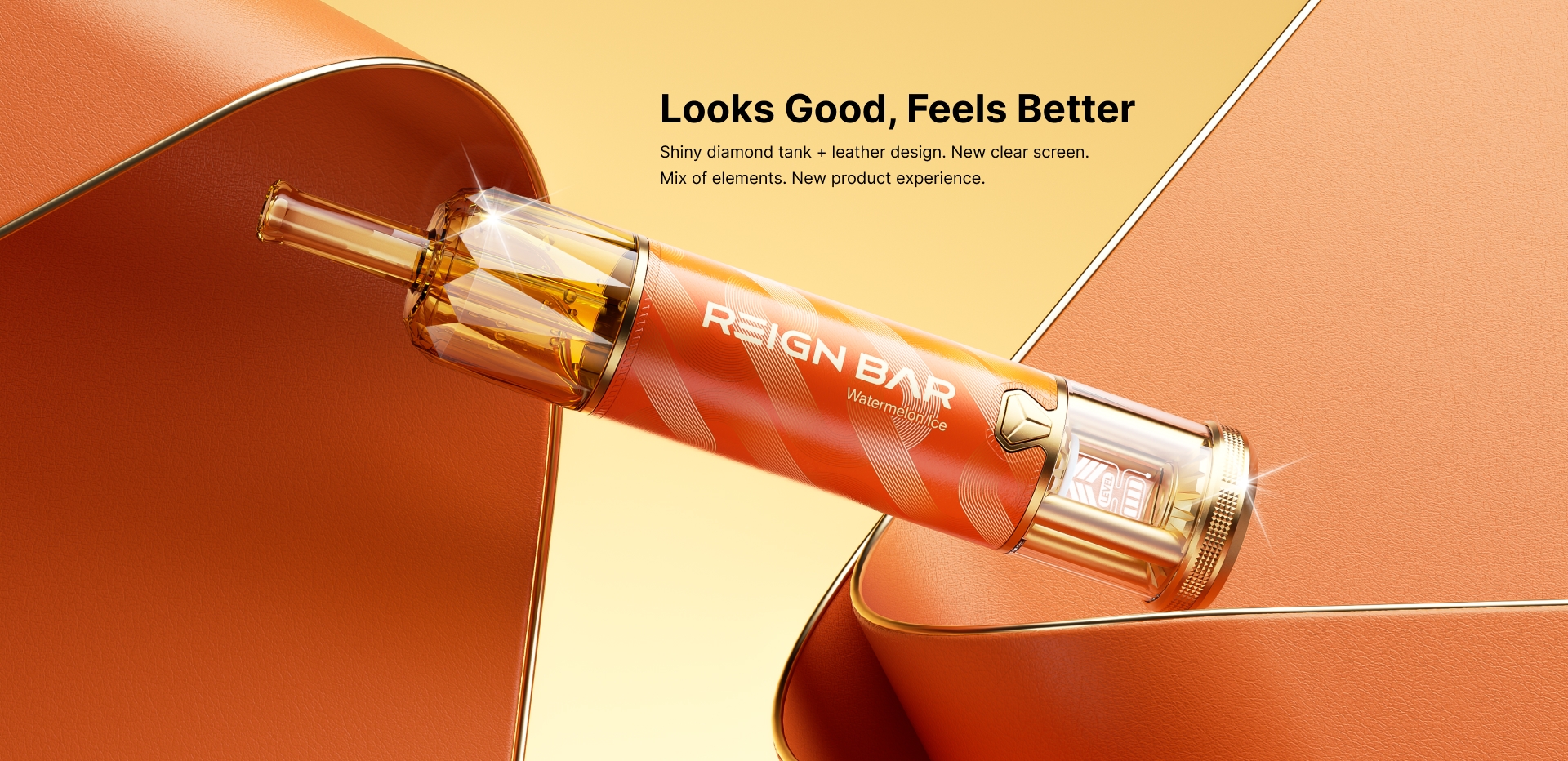 REIGN BAR AMBER 70K product image highlighting leather-style detailing and transparent tank design