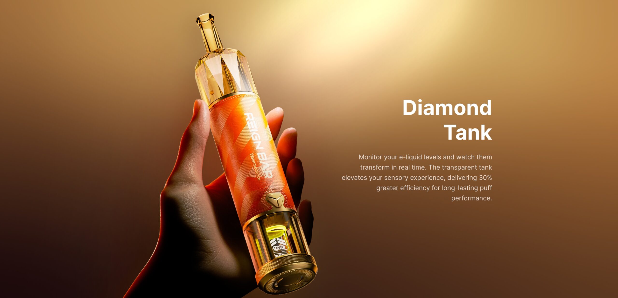 REIGN BAR AMBER 70K device held in hand with transparent diamond-style tank and visible e-liquid level