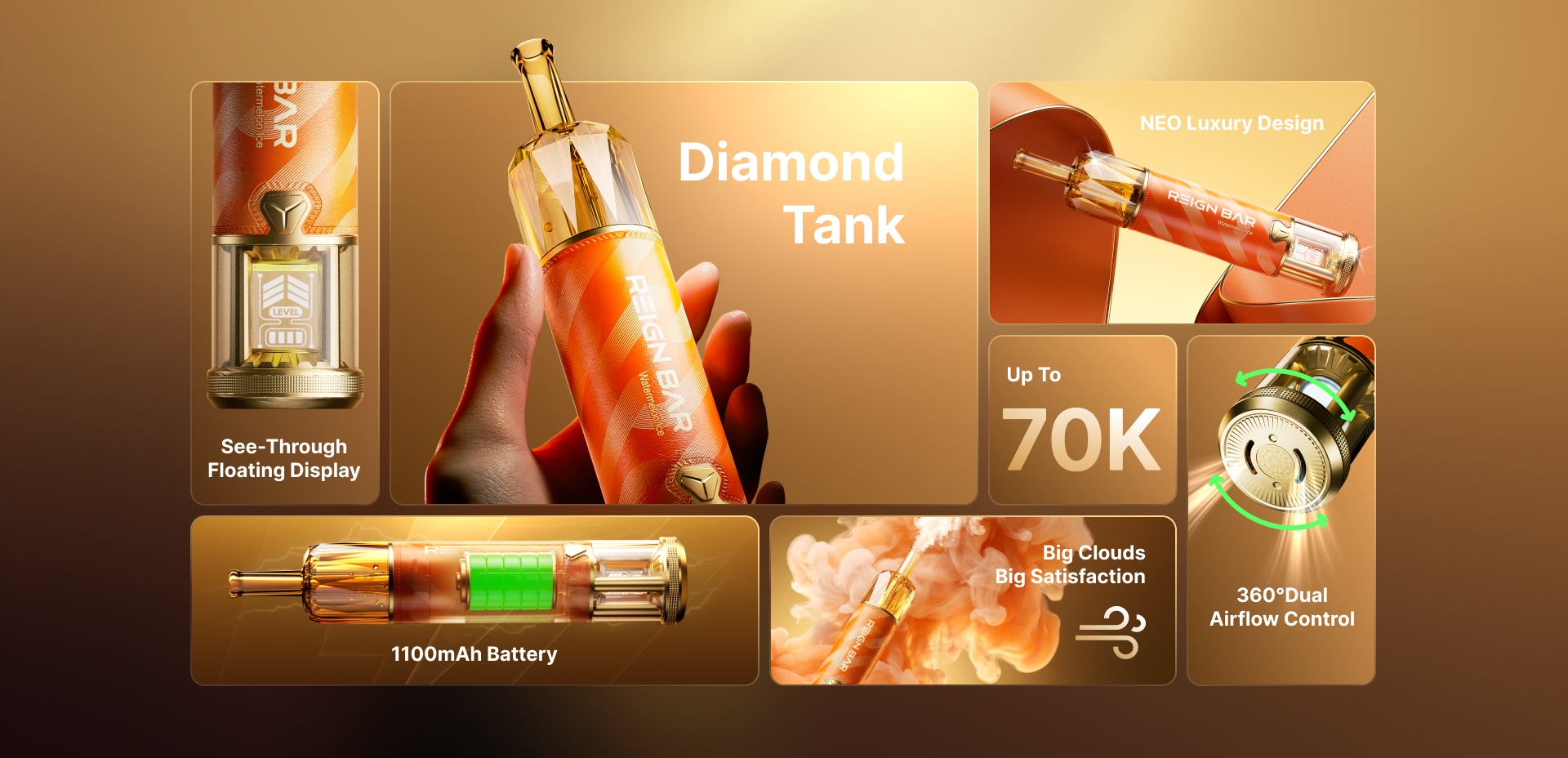 REIGN BAR AMBER 70K feature panel showing diamond tank, floating display, 1100mAh battery, 70K puff claim and airflow control