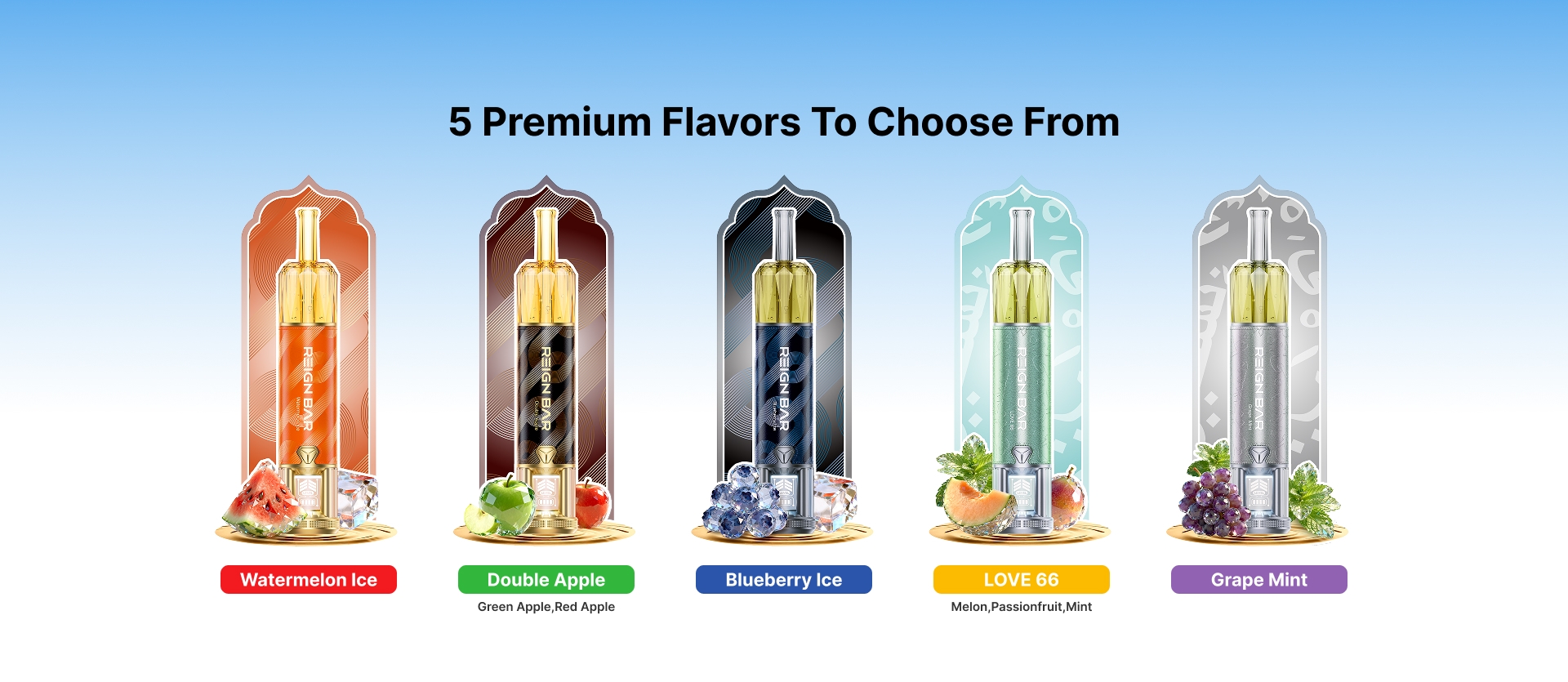 REIGN BAR AMBER 70K lineup showing five flavors including Watermelon Ice, Double Apple, Blueberry Ice, LOVE 66 and Grape Mint