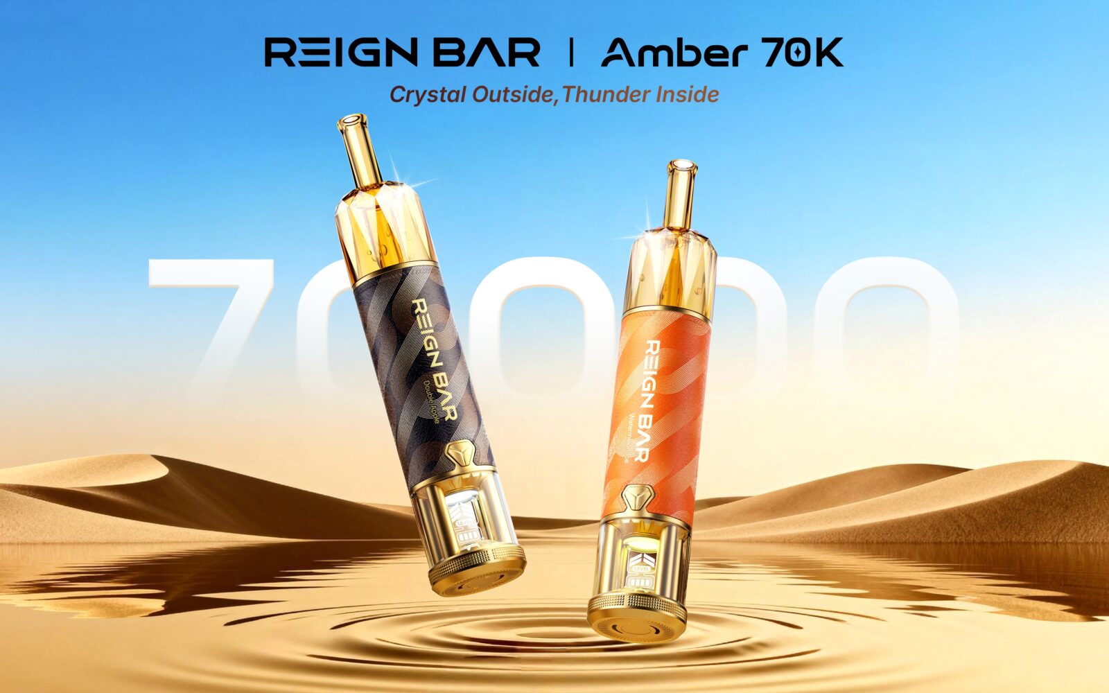 REIGN BAR AMBER 70K disposable e-hookah shown with crystal-style tank and 70K puff claim