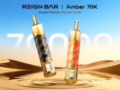 REIGN BAR AMBER 70K disposable e-hookah shown with crystal-style tank and 70K puff claim