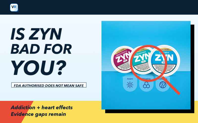 ZYN nicotine pouch cans with magnifying glass and a VapeRisk VR icon on the evidence cover