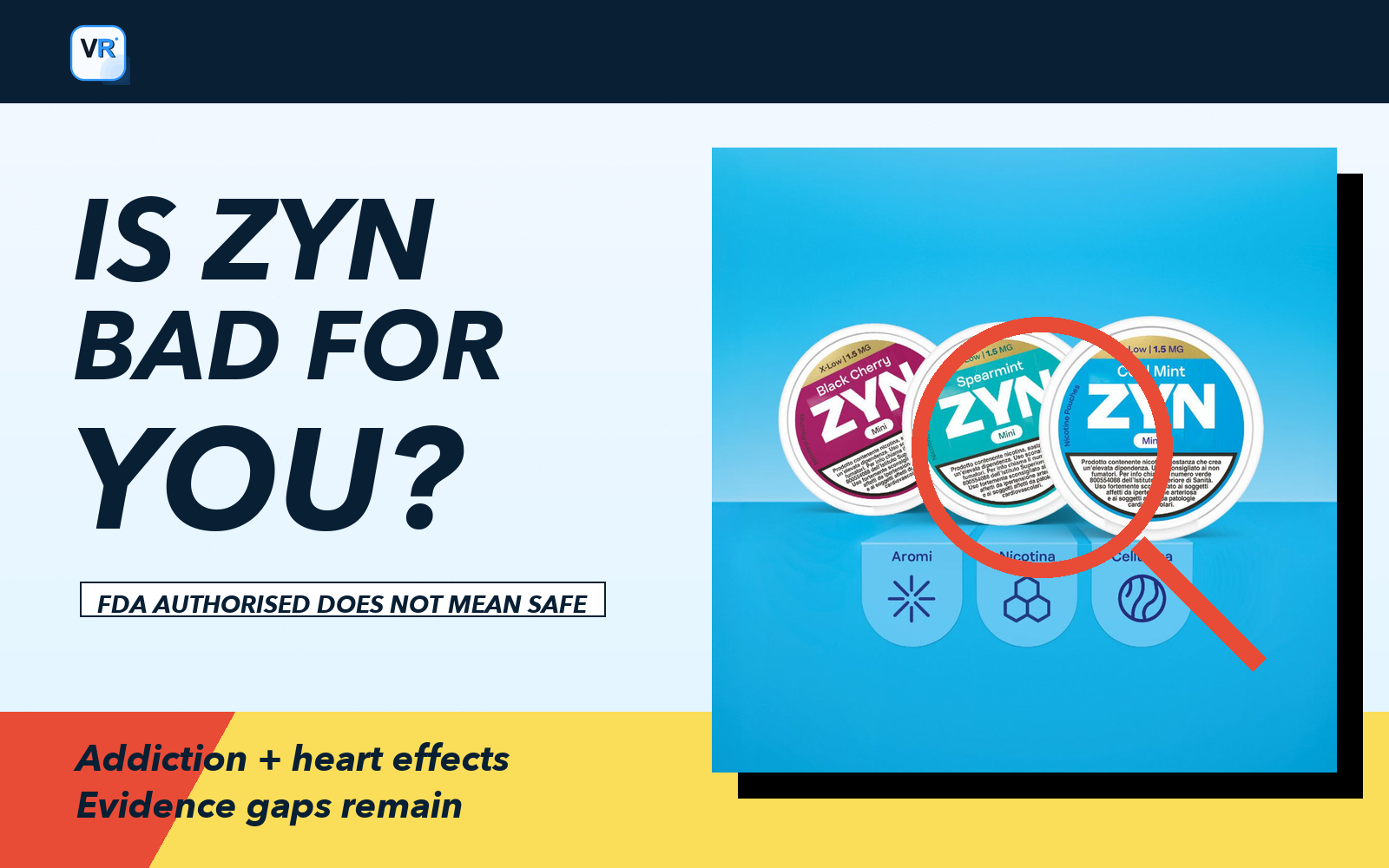 ZYN nicotine pouch cans with magnifying glass and a VapeRisk VR icon on the evidence cover