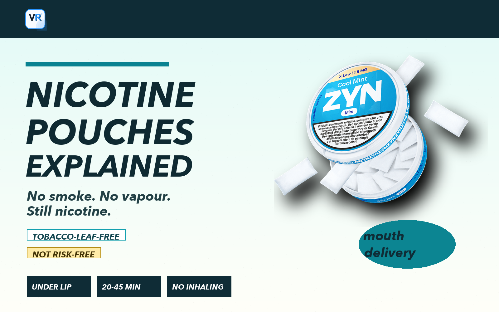 Open ZYN nicotine pouch can with pouches and a VapeRisk VR icon on the explainer cover