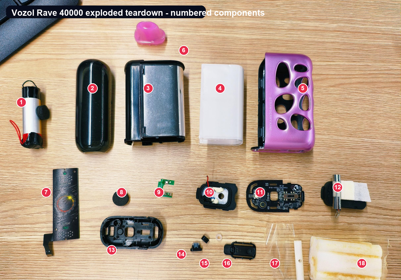 Vozol Rave 40000 exploded teardown with numbered components
