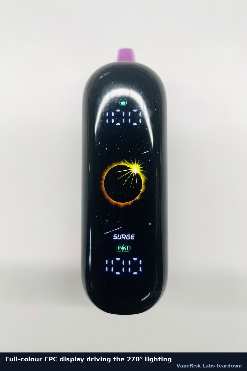 Vozol Rave 40000 powered on, showing its full-colour FPC display and 270-degree lighting