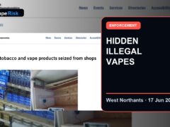 West Northamptonshire Council page showing illegal tobacco and vape products seized from shops