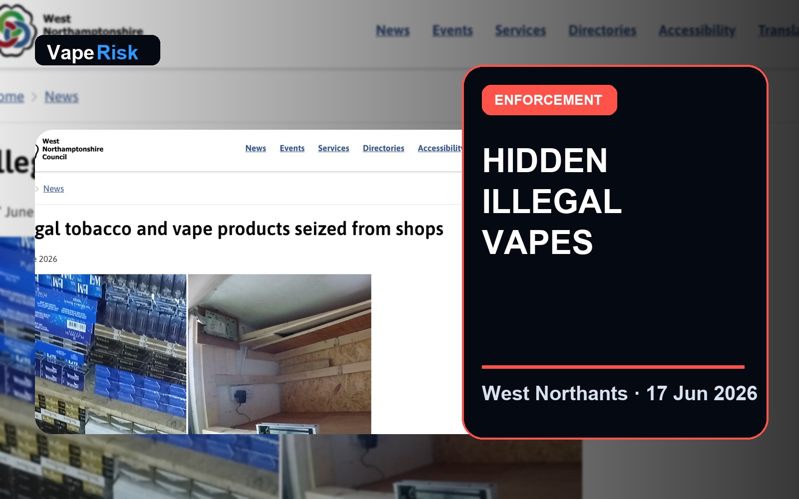 West Northamptonshire Council page showing illegal tobacco and vape products seized from shops