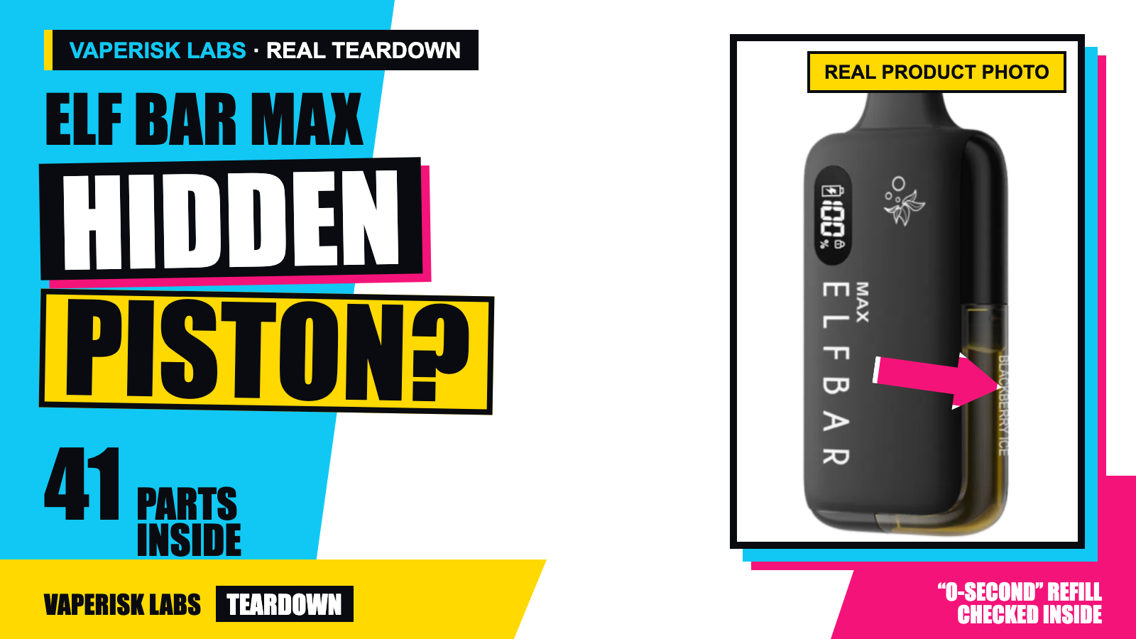 Elf Bar MAX teardown cover showing the correct product, hidden piston question and 41-part finding