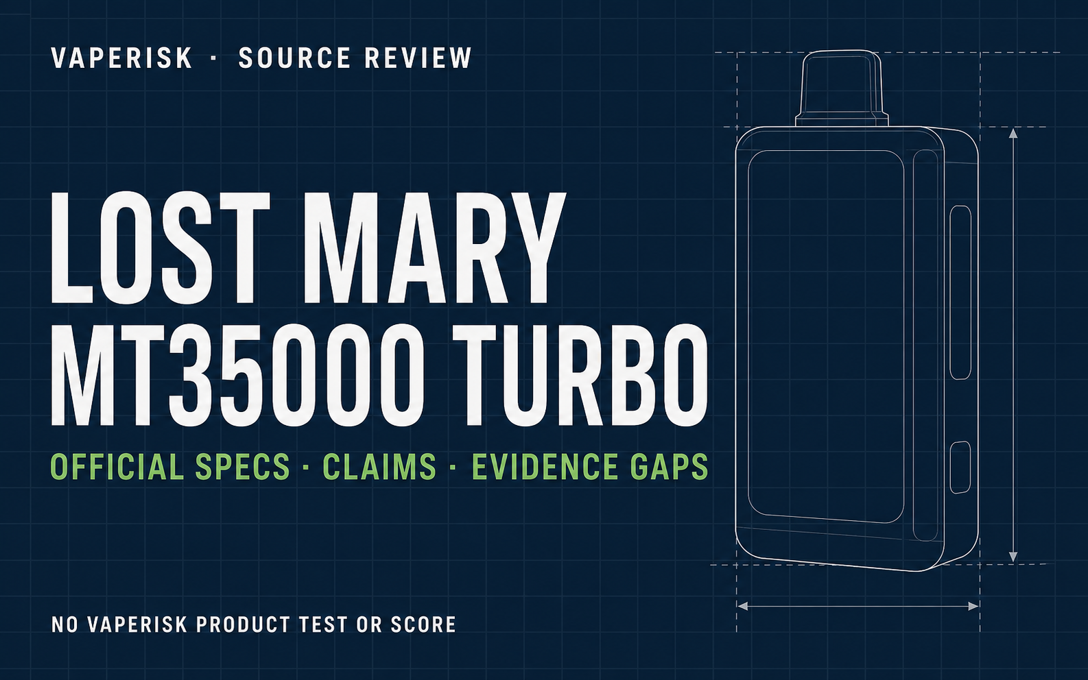 VapeRisk source review cover for Lost Mary MT35000 Turbo official specifications and evidence gaps