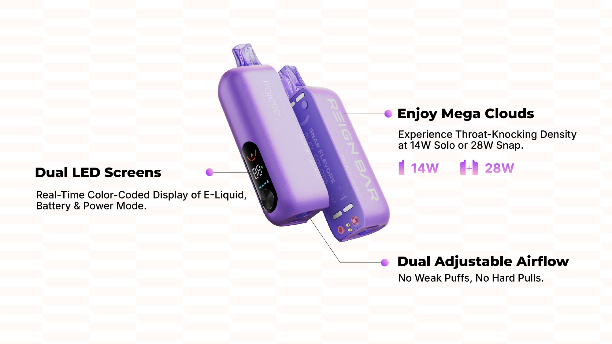 Official REIGN BAR Palette diagram showing the dual LED screens, 14W Solo and 28W Snap modes, and adjustable airflow