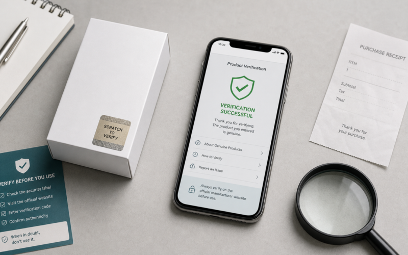 Generic product authenticity check with a security label, official website, receipt and magnifying glass