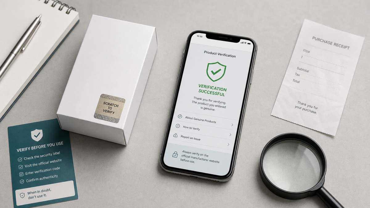 Generic product authenticity check with a security label, official website, receipt and magnifying glass