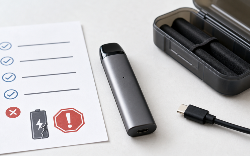 Unbranded vape beside a disconnected USB-C cable, protective battery case, and battery warning checklist