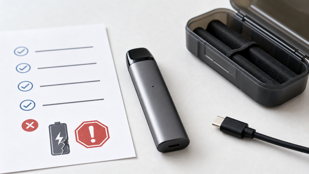Unbranded vape beside a disconnected USB-C cable, protective battery case, and battery warning checklist