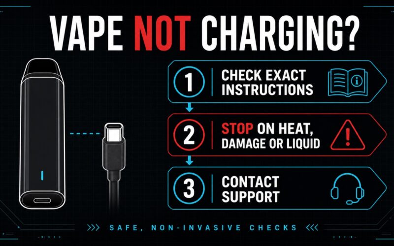 Vape not charging decision graphic showing instruction check, stop-use warning signs and support escalation
